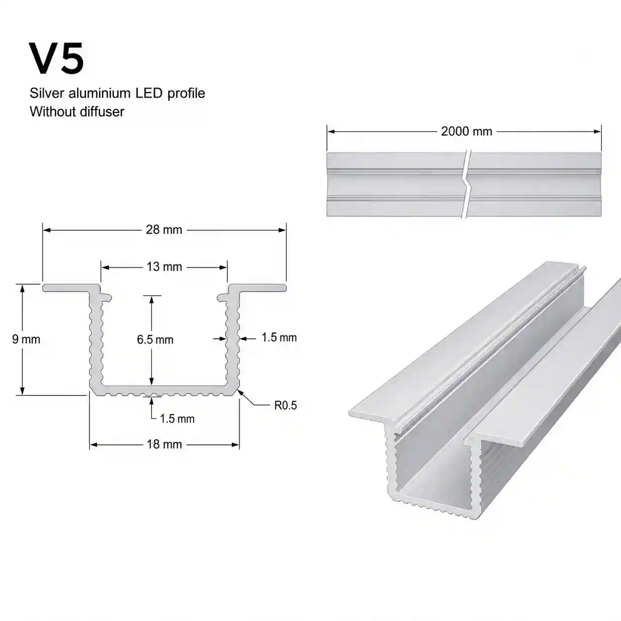 Rozměry LED profilu V5 2000x28x9mm pro montáž na míru